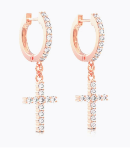 Cross dangling hoop diamond earrings