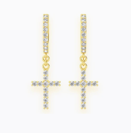 Cross dangling hoop diamond earrings