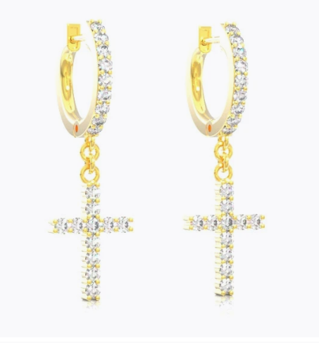 Cross dangling hoop diamond earrings