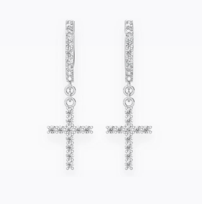 Cross dangling hoop diamond earrings