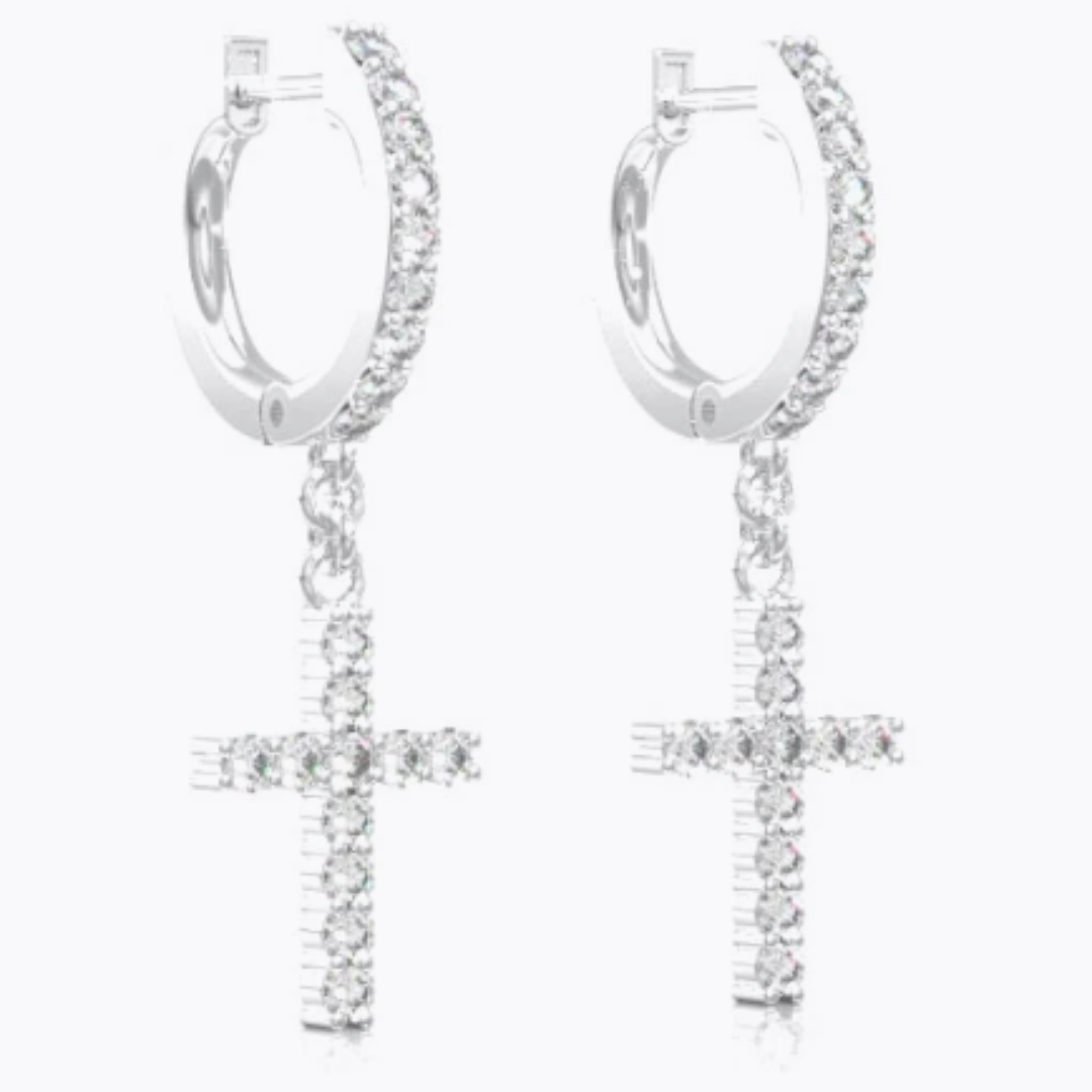 Cross dangling hoop diamond earrings