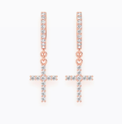 Cross dangling hoop diamond earrings